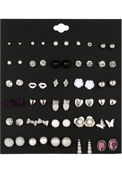 30 Çift Saplama Dizileri Yuvarlak Top Inci Bowknot Geometrik Desen Dizileri E Küpe (Yurt Dışından)