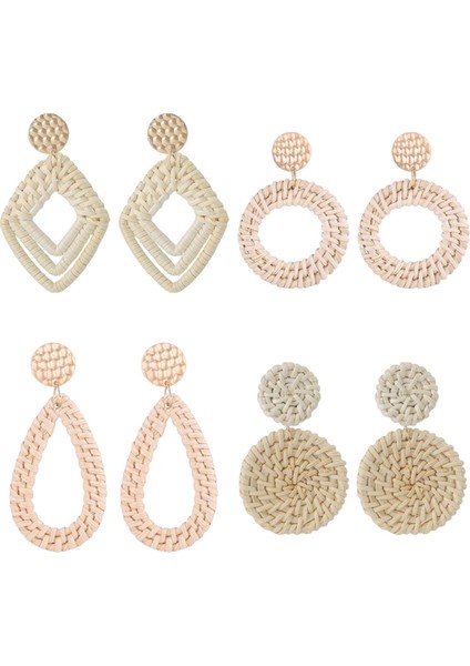 4 Çift Rattan Geometrik Boho Için Açık Renkli Küpe (Yurt Dışından)