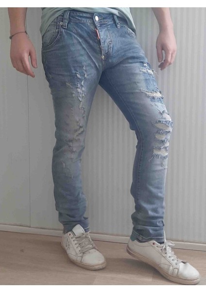 Denim Pamuklu Yırtık Detaylı Normal Bel Fit Cool Jeans Erkek Mavi Kot Pantolon fiyatları