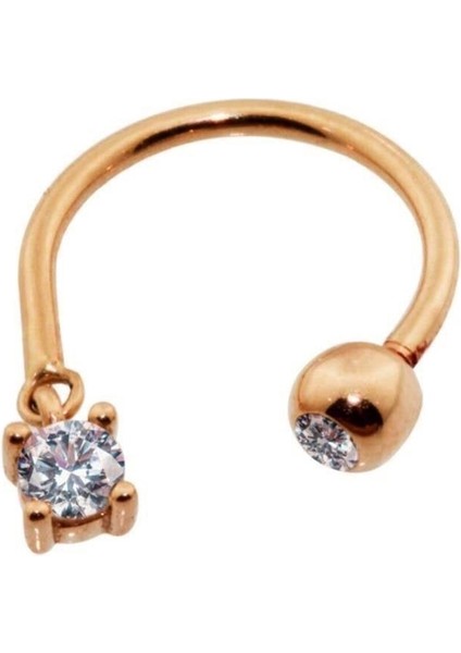 Altın Taş Sallantılı Minimal Yarım Halka Piercing 14 Ayar Rose