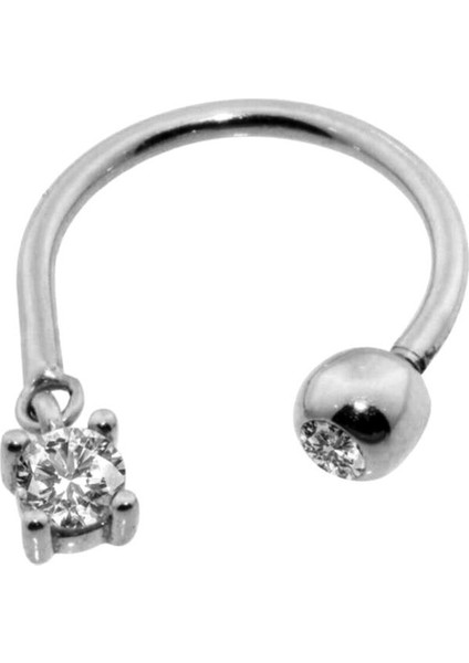 Altın Taş Sallantılı Minimal Yarım Halka Piercing 14 Ayar Beyaz