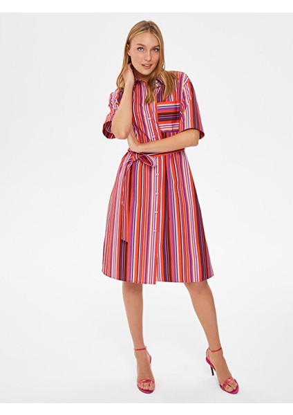 Kısa Kollu Çizgili Poplin Elbise 67218