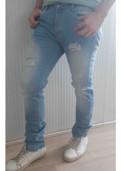 Denim Pamuklu Yırtık Detaylı Normal Bel Fit Cool Jeans Erkek Mavi Kot Pantolon