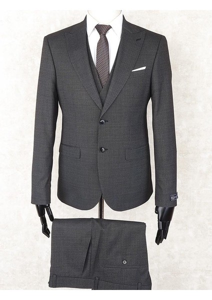 Slim Fit Sivri Yaka-Çift Yırtmaç Siyah Desenli Drop 6 Yelekli Takım Elbise