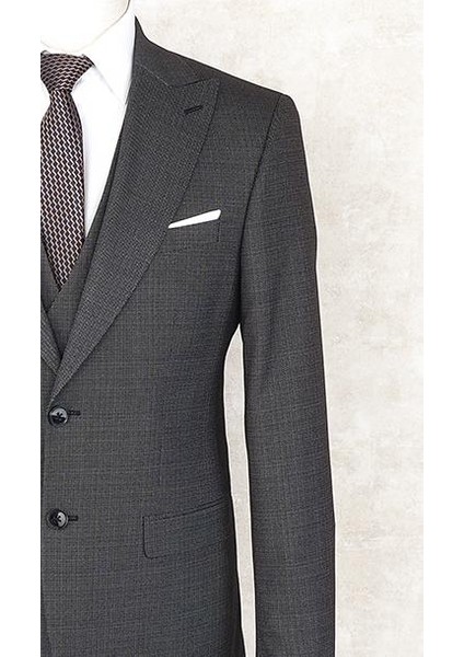 Slim Fit Sivri Yaka-Çift Yırtmaç Siyah Desenli Drop 6 Yelekli Takım Elbise