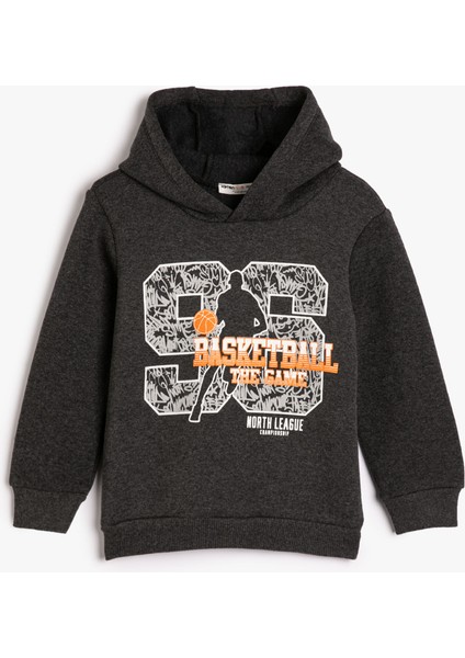 Kapşonlu Sweatshirt Uzun Kollu Şardonlu Basketbol Temalı Baskılı