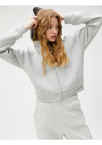 Fermuarlı Sweatshirt Kapüşonlu Cepli Uzun Kollu
