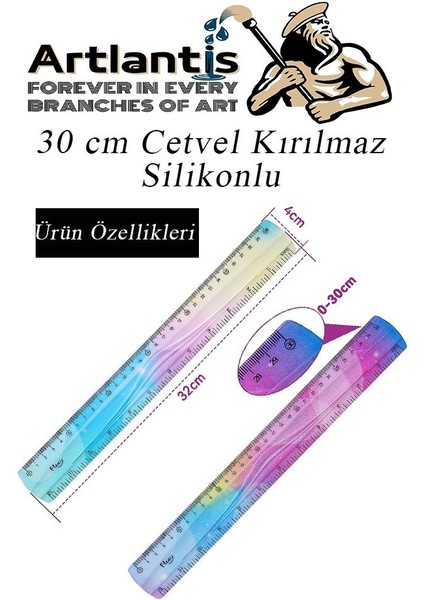 Kırılmaz Cetvel 30 cm Silikonlu Gökkuşağı 1 Adet Flexible Silikonlu Cetvel Büro Okul Sınıf