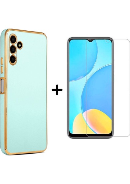 Samsung Galaxy M14 5g Uyumlu Kenarları Parlak Altın Renkli Kılıf ve Temperli Cam Ekran Koruyucu