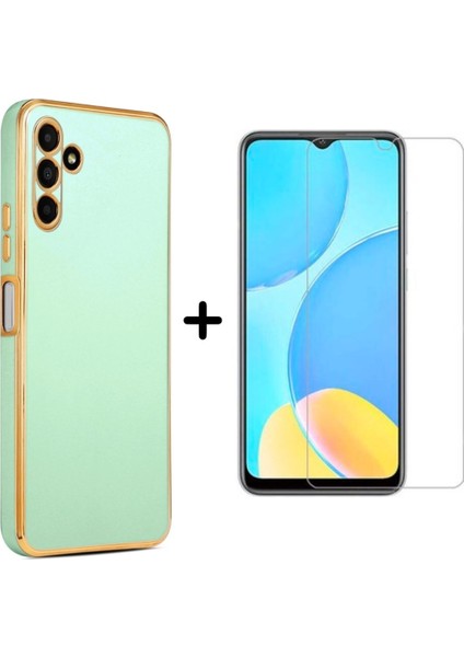 Samsung Galaxy M14 5g Uyumlu Kenarları Parlak Altın Renkli Kılıf ve Temperli Cam Ekran Koruyucu