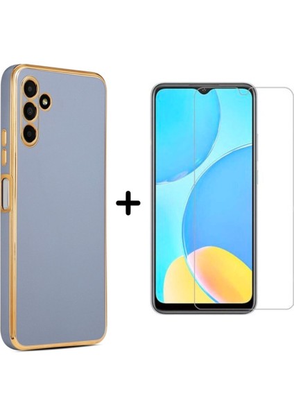 Samsung Galaxy M14 5g Uyumlu Kenarları Parlak Altın Renkli Kılıf ve Temperli Cam Ekran Koruyucu