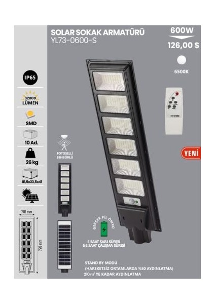 Noas 600W YL73-0600-S Beyaz Işık Solar Bahçe Armatürü