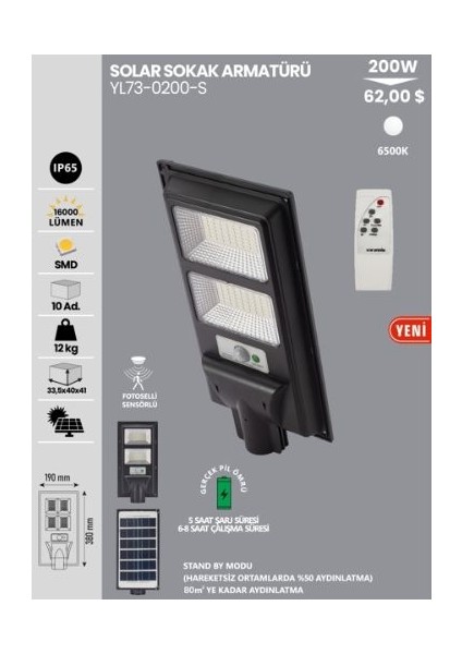Noas 200W Solarlı Sokak Aydınlatması Kumandalı