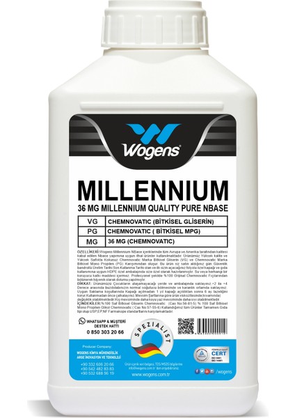 500 ml Millennium Saf Gliserin Propilen Glikol Vg Pg Base Nbase 36 Mg