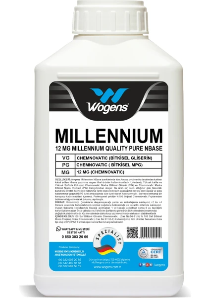 500 ml  Millennium Saf Gliserin Propilen Glikol Vg Pg Base Nbase 12 Mg