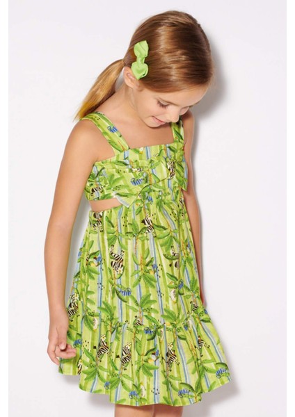 2-9 Yaş Kız Çocuk Bel Oyuntulu Baskılı Elbise Yeşil