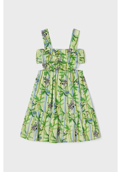 2-9 Yaş Kız Çocuk Bel Oyuntulu Baskılı Elbise Yeşil fiyatları