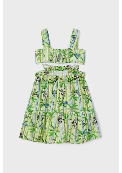 2-9 Yaş Kız Çocuk Bel Oyuntulu Baskılı Elbise Yeşil modelleri