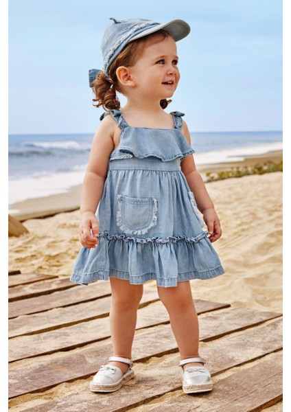 12-36 Ay Kız Bebek Lyocell Denim Dökümlü Elbise Lacivert