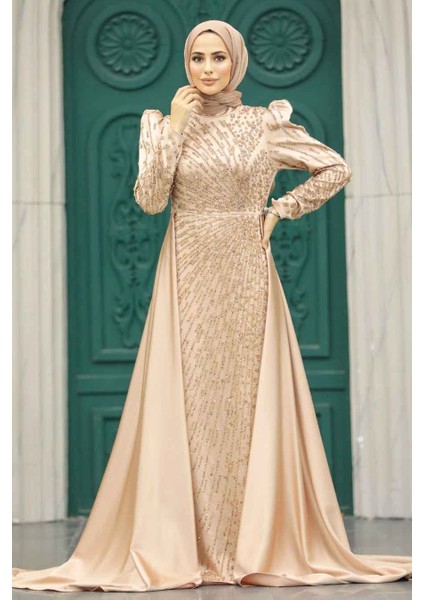 Tesettürlü Abiye Elbise - Kuyruklu Gold Saten 23310GOLD