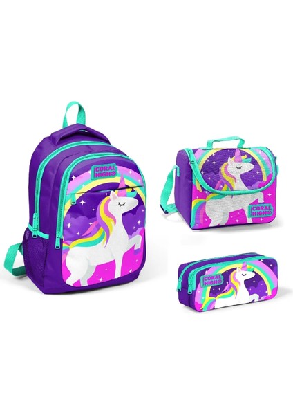 Kids Unicorn Desenli Üç Bölmeli 3'Lü Çanta Set