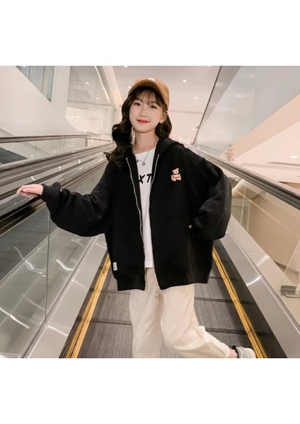 KİDS FACE Kapüşonlu Fermuarlı Minik Ayıcık Baskılı Pamuk Oversize Kız Çocuk Sweatshirt