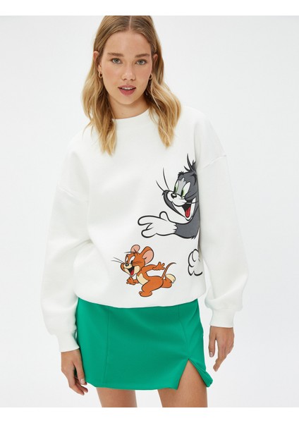 Tom ve Jerry Sweatshirt Bisiklet Yaka Lisanslı Ribanalı Baskılı