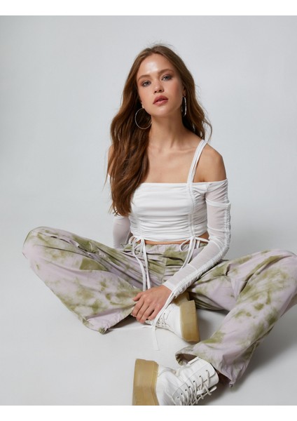 Uzun Kollu Tişört Crop Omzu Açık Büzgü Detaylı