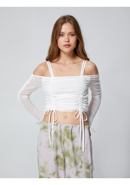 Uzun Kollu Tişört Crop Omzu Açık Büzgü Detaylı fiyatları