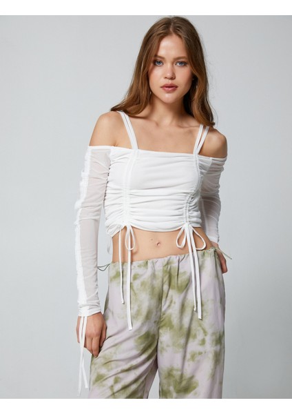 Uzun Kollu Tişört Crop Omzu Açık Büzgü Detaylı modelleri