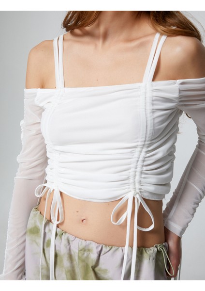 Uzun Kollu Tişört Crop Omzu Açık Büzgü Detaylı indirimleri