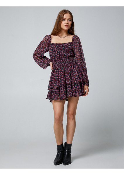 Çiçekli Mini Elbise Uzun Tül Kollu Astarlı Kare Yaka Katlı modelleri