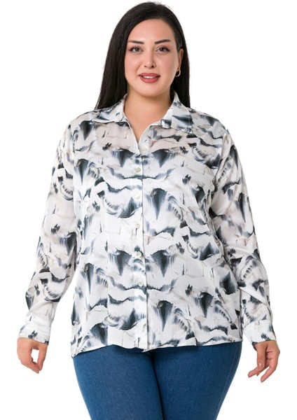 Büyük Beden Desenli Yoryo Saten Gri Gömlek