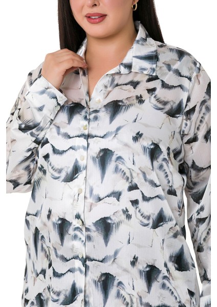 Büyük Beden Desenli Yoryo Saten Gri Gömlek indirimleri