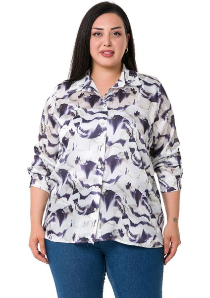 Büyük Beden Desenli Yoryo Saten Mor Gömlek