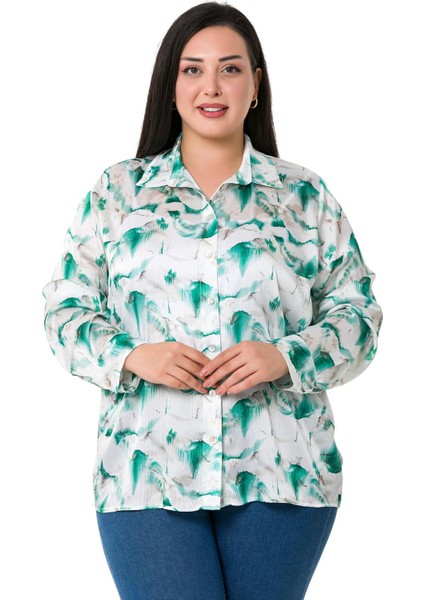 Büyük Beden Desenli Yoryo Saten Yeşil Gömlek