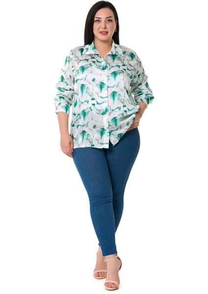 Büyük Beden Desenli Yoryo Saten Yeşil Gömlek fiyatları