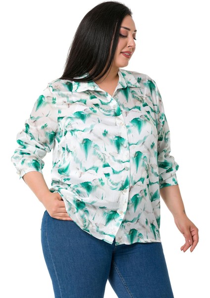 Büyük Beden Desenli Yoryo Saten Yeşil Gömlek fırsatları