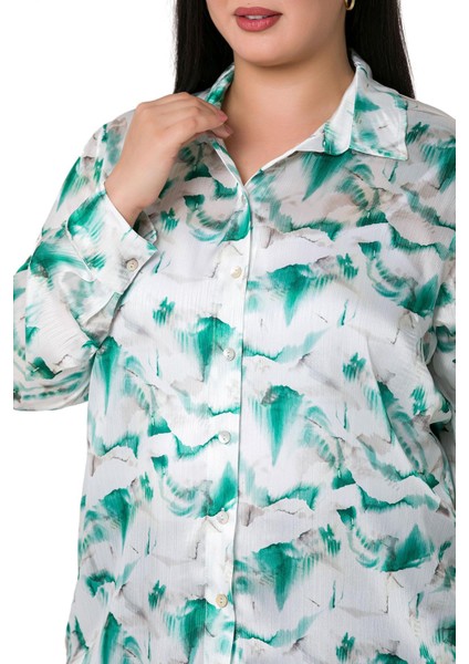 Büyük Beden Desenli Yoryo Saten Yeşil Gömlek indirimleri