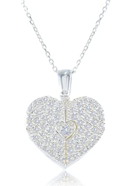 Kübik Zirkon Taşlı Gümüş Kalp Kadın Gümüş Kolye , 925 Ayar Gerçek Gümüş, Açılıp Kapanan Kanatlar