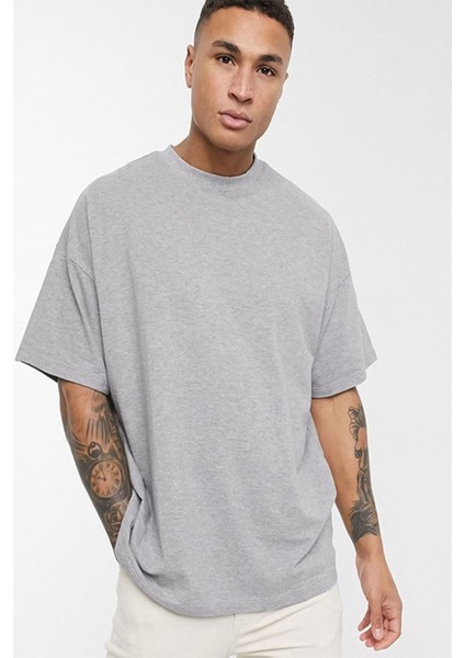 Ünisex Oversize Gri Düz Renk T-Shirt