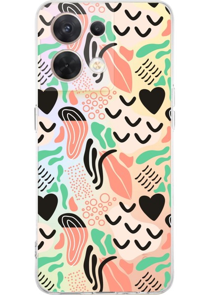 Oppo Reno 8 5g Uyumlu Kamera Korumalı Kapak Memphis Desen Tasarımlı Şeffaf Kılıf