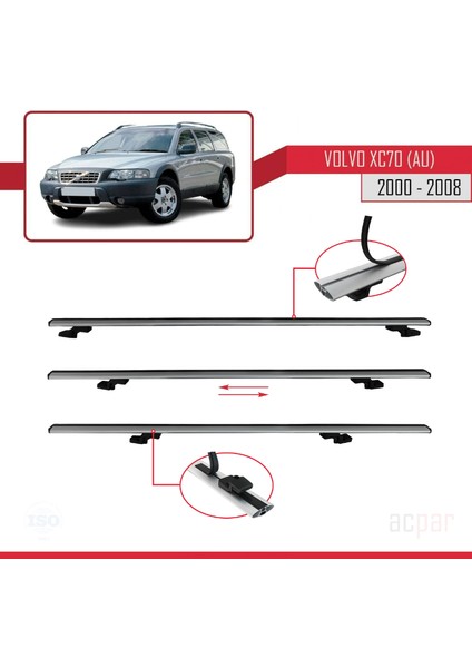 Volvo XC70 (Au) 2000-2008 Arası ile Uyumlu Basıc Model Ara Atkı Tavan Barı Gri