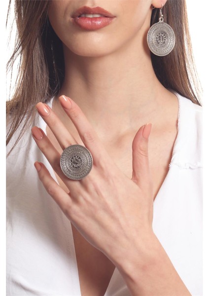 Kadın Antik Gümüş Kaplama Sallantılı Model Hayat Ağacı Baskılı Küpe&yüzük Set