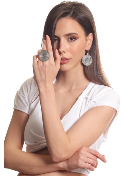 Kadın Antik Gümüş Kaplama Sallantılı Model Hayat Ağacı Baskılı Küpe&yüzük Set fırsatları