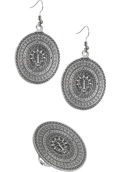 Kadın Antik Gümüş Kaplama Sallantılı Model Hayat Ağacı Baskılı Küpe&yüzük Set indirimleri