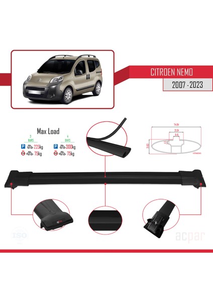 Citroen Nemo 2007 ve Sonrası ile Uyumlu Fly Model Ara Atkı Tavan Barı Siyah 4 Adet Bar