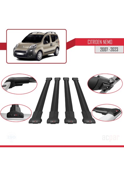 Citroen Nemo 2007 ve Sonrası ile Uyumlu Fly Model Ara Atkı Tavan Barı Siyah 4 Adet Bar