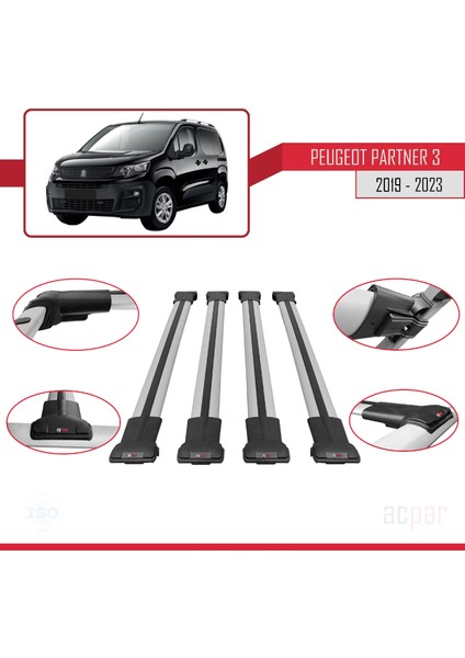 Peugeot Partner 2019 ve Sonrası ile Uyumlu Fly Model Ara Atkı Tavan Barı Gri 4 Adet Bar