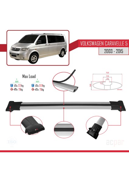 Volkswagen Caravelle (T5) 2003-2015 Arası ile Uyumlu Fly Model Ara Atkı Tavan Barı Gri 4 Adet Bar modelleri